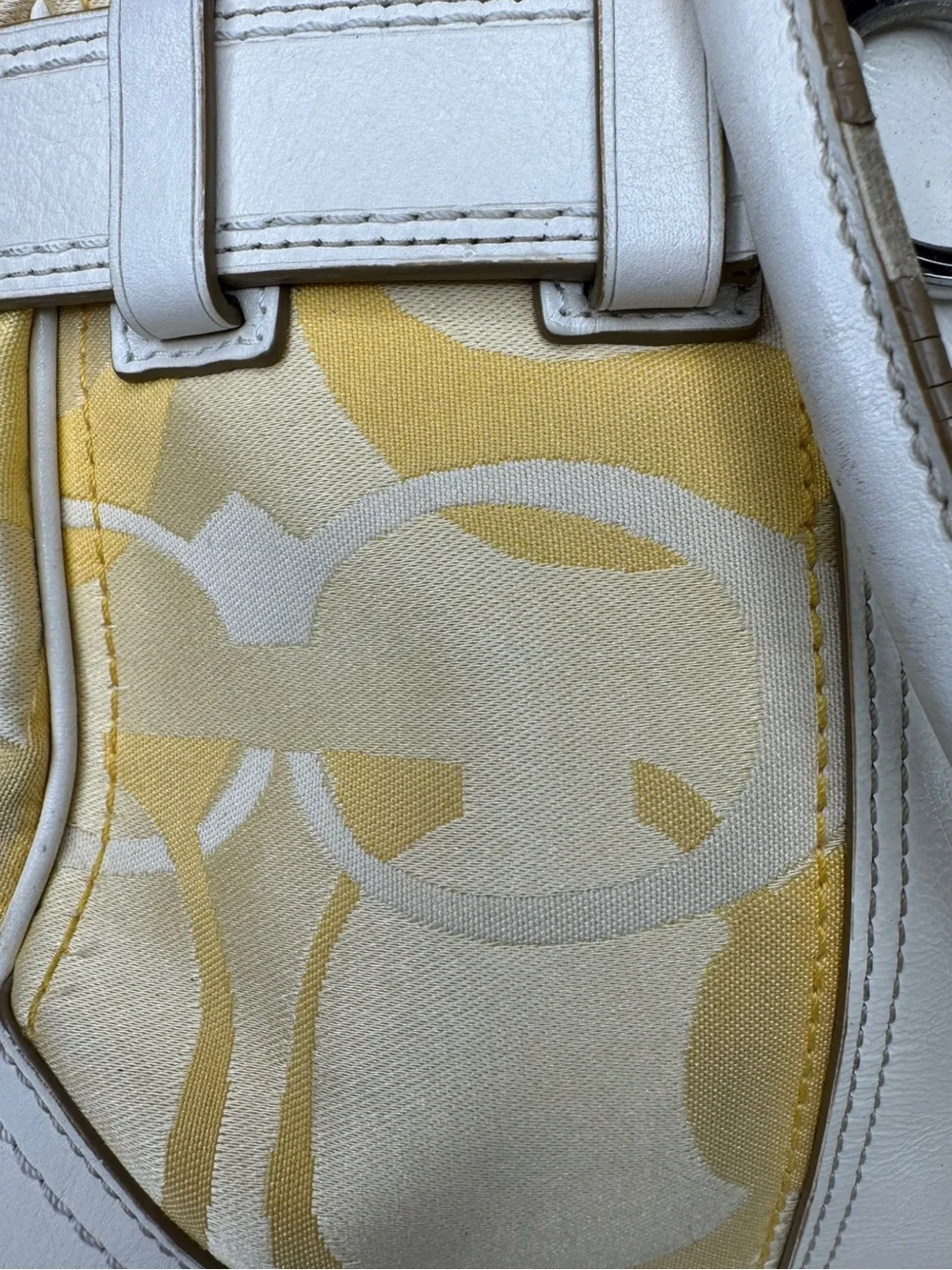 Coach Hampton Optic C Signature Stripe Yellow White Double Handle Shoulder Bag